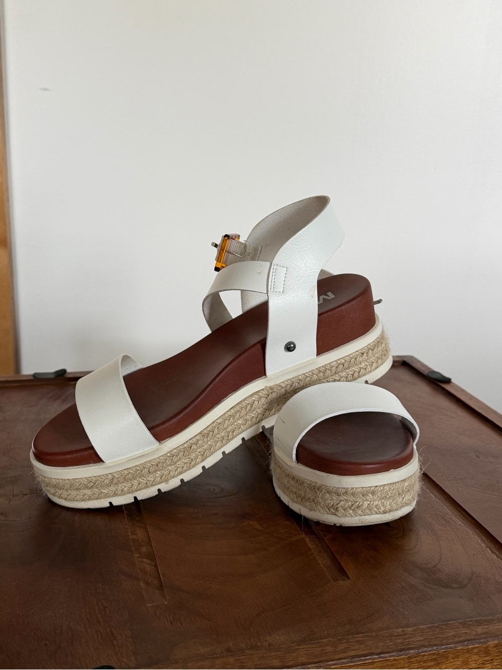 MIA White Platform Espadrille Sandals with Brown Footbed and Amber Buckle